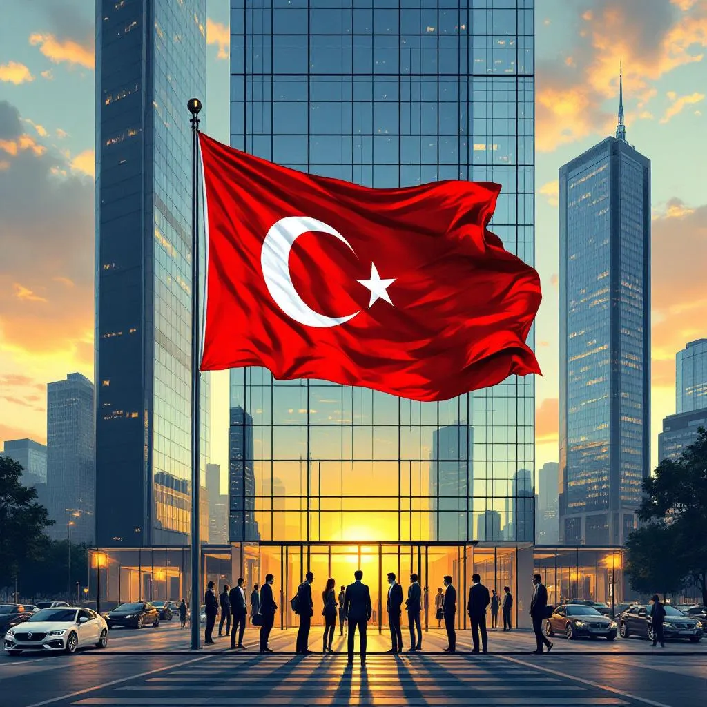 İstanbul'da modern iş merkezleri ve Türk bayrağı ile pazar giriş stratejisi konsepti