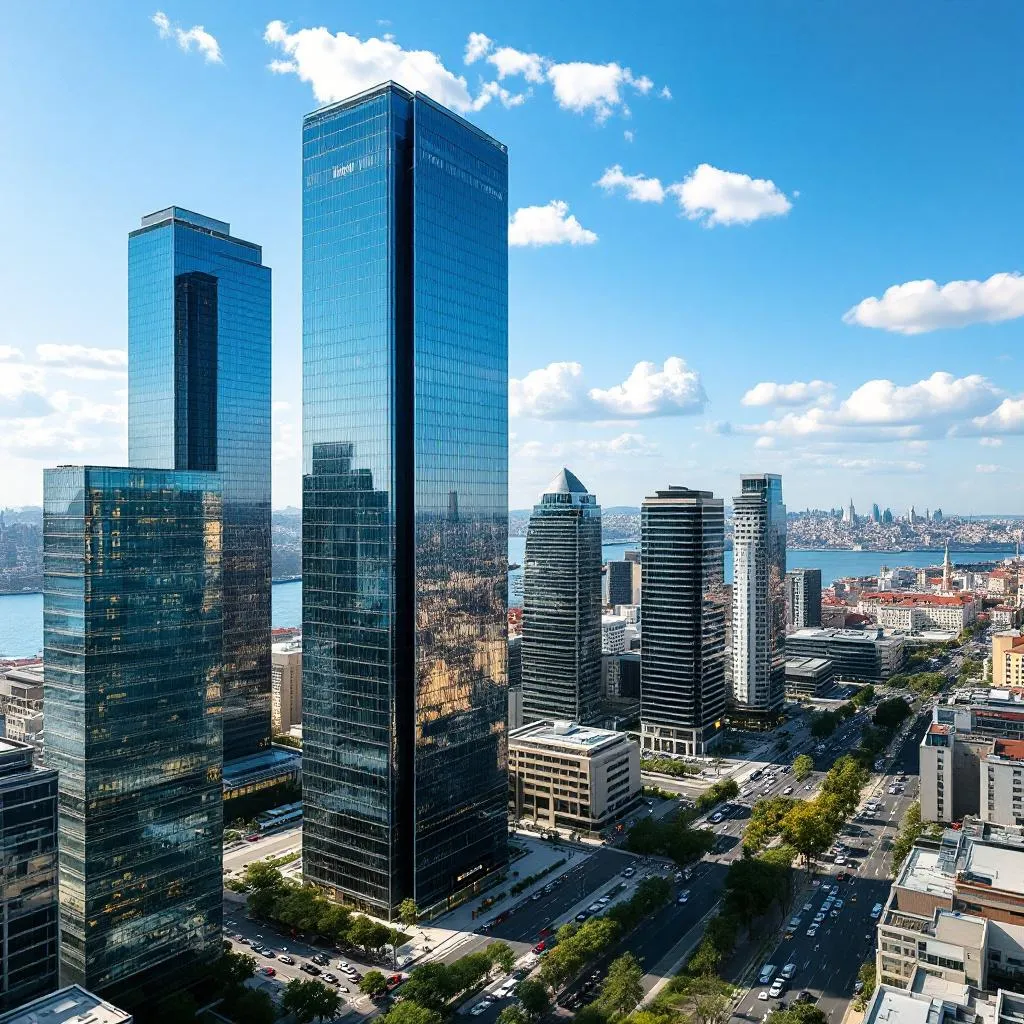 İstanbul'daki modern iş merkezleri ve gökdelenlerden oluşan finans bölgesi manzarası